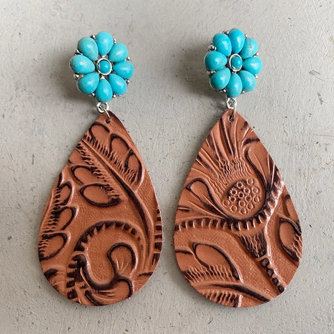 Bohemian Western Embossed Genuine Leather Drop Earrings For Women Turquoise Flower Vintage Teardrop Alloy Stone Earrings