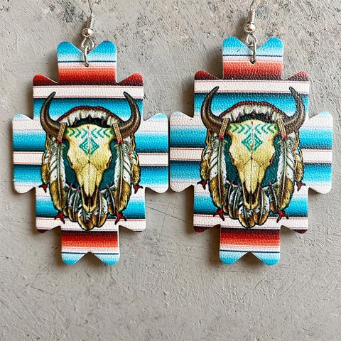 Western Cowboy Aztec Sunflower PU Leather Drop Earrings Retro Bohemian Ethnic Bull Skull Cactus Tribal Pattern Dangle Earrings For Women