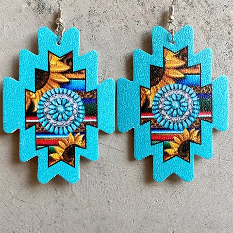 Western Cowboy Aztec Sunflower PU Leather Drop Earrings Retro Bohemian Ethnic Bull Skull Cactus Tribal Pattern Dangle Earrings For Women