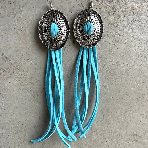 Western Cowboy Style Long Tassel Earrings Ethnic Pattern Alloy Faux Suede Fringe Drop Earrings For Women Fashion Jewelry