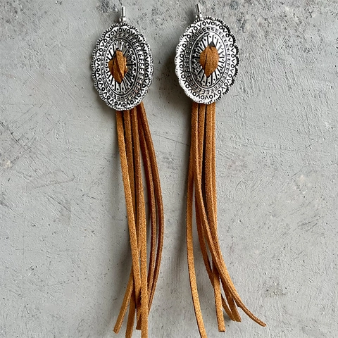 Western Cowboy Style Long Tassel Earrings Ethnic Pattern Alloy Faux Suede Fringe Drop Earrings For Women Fashion Jewelry