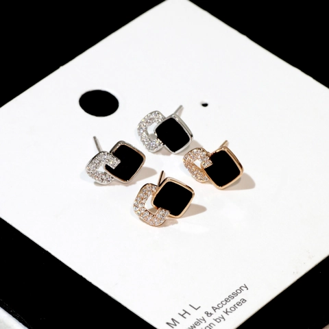 Pendientes de Botón Cuadrados Geométricos Con Poste de Plata de Ley 925 Esmalte Negro Zirconia Aleación Mujer Joyería
