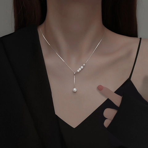 Collier en Y en Argent Sterling 925 avec Künstliche Perle d'Imitation pour Femme Design de Niche Elégant Chaîne de Clavicule