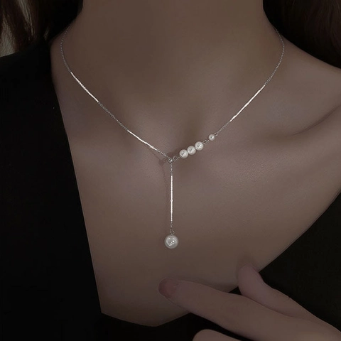 Collier en Y en Argent Sterling 925 avec Künstliche Perle d'Imitation pour Femme Design de Niche Elégant Chaîne de Clavicule