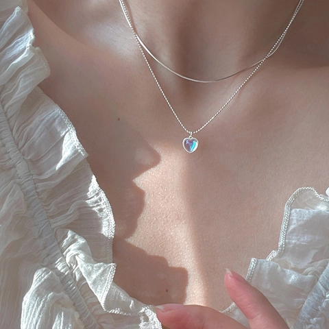 S925 Silver Plated Double Layer Heart Pendant Necklace Iridescent Moonstone Snake Chain Clavicle Necklace For Women Fashion Jewelry