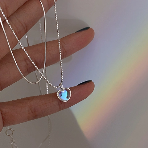 S925 Silver Plated Double Layer Heart Pendant Necklace Iridescent Moonstone Snake Chain Clavicle Necklace For Women Fashion Jewelry