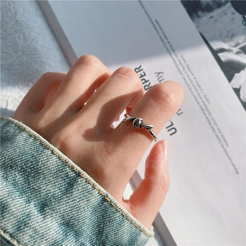 Anillo Abierto de Nudo de Plata de Ley 925 Minimalista para Mujer Anillo Ajustable de Estilo Industrial Vintage