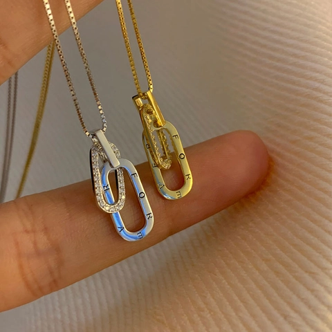 S925 Sterlingsilber Ineinandergreifende Doppelring Anhänger Halskette Für Damen Zirkonia Eingelegt Forever Buchstabe Boxkette Schmuck