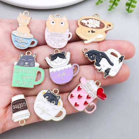Cartoon Cat Coffee Cup Enamel Charms Zinc Alloy Drip Oil Pendants For DIY Jewelry Making Necklaces Bracelets Accessories