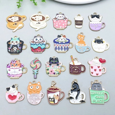 Cartoon Cat Coffee Cup Enamel Charms Zinc Alloy Drip Oil Pendants For DIY Jewelry Making Necklaces Bracelets Accessories