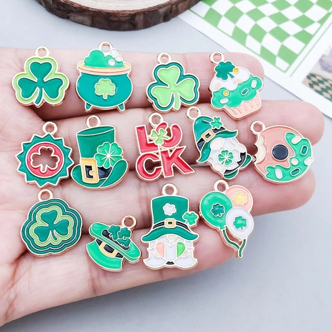 Saint Patrick's Day Zinc Alloy Enamel Charms For Jewelry Making Lucky Shamrock Clover Gnome Pendants For DIY Bracelet Necklace