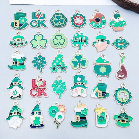Saint Patrick's Day Zinc Alloy Enamel Charms For Jewelry Making Lucky Shamrock Clover Gnome Pendants For DIY Bracelet Necklace