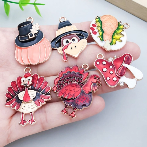 Mixed Enamel Zinc Alloy Thanksgiving Turkey Pumpkin Charms Autumn Maple Leaf Corn Mushroom Owl Grapes Pendants For DIY Jewelry Making