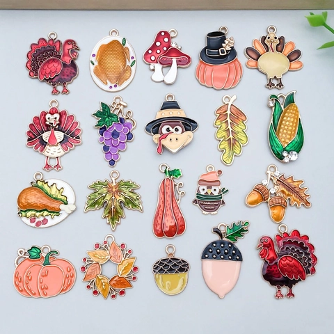 Mixed Enamel Zinc Alloy Thanksgiving Turkey Pumpkin Charms Autumn Maple Leaf Corn Mushroom Owl Grapes Pendants For DIY Jewelry Making