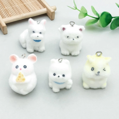 Flocked Resin Cartoon Animal Pendants For DIY Jewelry Making Assorted Dog Mouse Charms For Necklace Bracelet Accessories