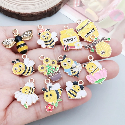 Yellow Enamel Bee Honey Jar Zinc Alloy Pendants For DIY Bracelet Necklace Jewelry Making Bee Pattern Rhinestone Charms