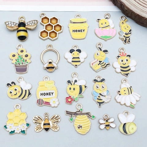 Yellow Enamel Bee Honey Jar Zinc Alloy Pendants For DIY Bracelet Necklace Jewelry Making Bee Pattern Rhinestone Charms