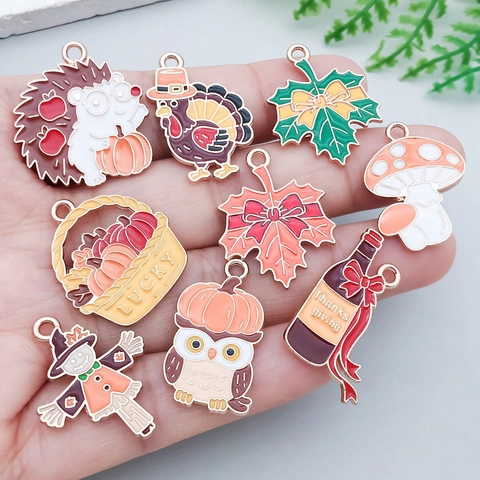 Thanksgiving Theme Alloy Enamel Charms Oil Drip Turkey Maple Leaf Pumpkin Owl Pendants For DIY Bracelet Necklace Jewelry Making