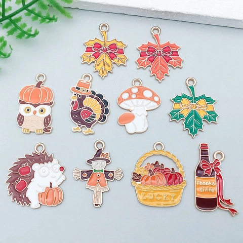 Thanksgiving Theme Alloy Enamel Charms Oil Drip Turkey Maple Leaf Pumpkin Owl Pendants For DIY Bracelet Necklace Jewelry Making