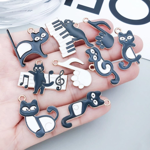 Black White Enamel Cat Musical Note Piano Charms Zinc Alloy Animal Pendants For Jewelry Making Bracelet Necklace Findings