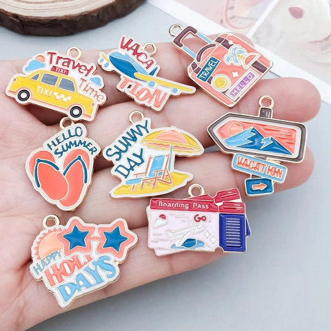 Summer Vacation Travel Series Enamel Alloy Pendants Cartoon Taxi Airplane Suitcase Slipper Map DIY Jewelry Making Charms Set