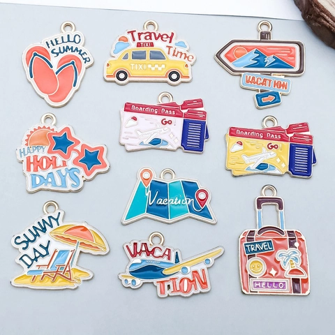 Summer Vacation Travel Series Enamel Alloy Pendants Cartoon Taxi Airplane Suitcase Slipper Map DIY Jewelry Making Charms Set