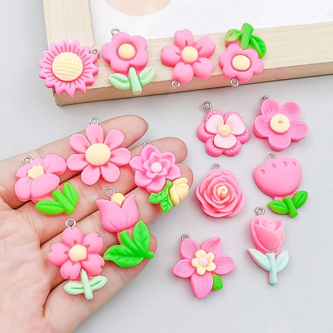 15pcs Rose Red Resin Flower Pendants Mixed Designs With Silver Jump Rings For DIY Handmade Necklace Jewelry Accessories