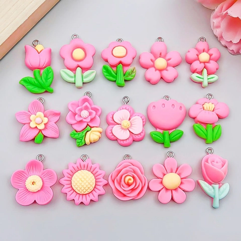 15pcs Rose Red Resin Flower Pendants Mixed Designs With Silver Jump Rings For DIY Handmade Necklace Jewelry Accessories