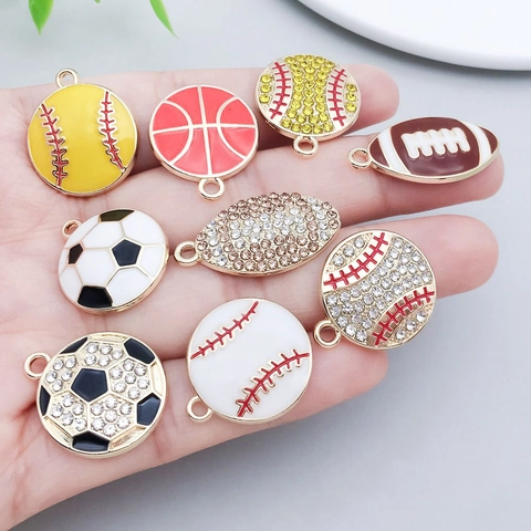 Alloy Sports Ball Pendants Drip Oil Rhinestone Baseball Basketball Football Rugby Charms For DIY Jewelry Making Necklace Accessories