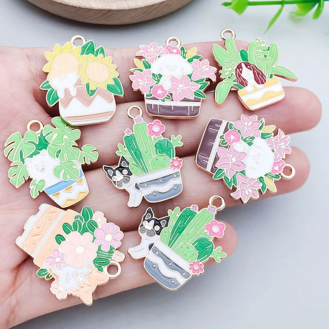 Cartoon Dog Potted Plant Alloy Enamel Charms For DIY Jewelry Making Handcrafted Accessory Handbag Keychain Pendant Decor