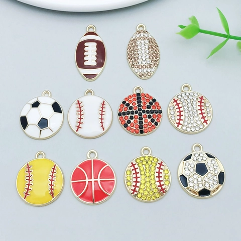 Alloy Sports Ball Pendants Drip Oil Rhinestone Baseball Basketball Football Rugby Charms For DIY Jewelry Making Necklace Accessories