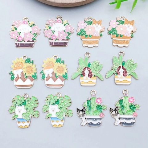 Cartoon Dog Potted Plant Alloy Enamel Charms For DIY Jewelry Making Handcrafted Accessory Handbag Keychain Pendant Decor