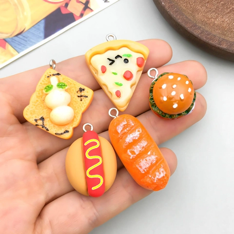 Simulation Food Resin Charms For DIY Jewelry Making Burger Pizza Hotdog Bread Cake Pendants For Keychain Phone Decoration