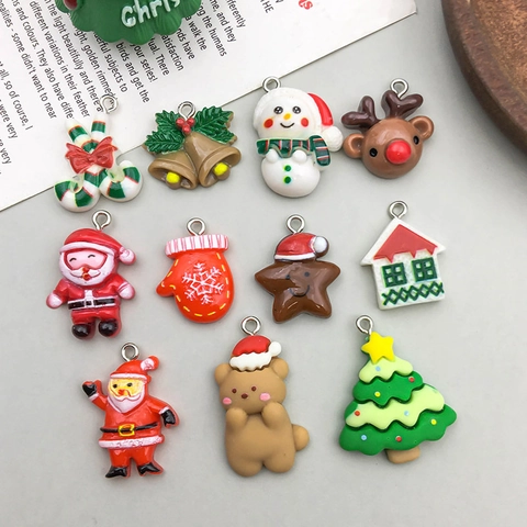Resin Christmas Charms Santa Claus Tree Bear Reindeer Bell Star Pendant DIY Jewelry Making Craft Accessories Holiday Decor
