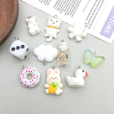 Resin DIY Charms Mixed Set White Cartoon Animal Bear Cat Snowflake Pendant For Jewelry Making Phone Case Decoration