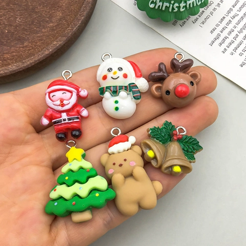 Resin Christmas Charms Santa Claus Tree Bear Reindeer Bell Star Pendant DIY Jewelry Making Craft Accessories Holiday Decor