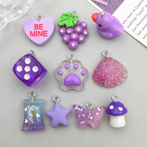 Purple Resin DIY Jewelry Pendants Heart Paw Shell Butterfly Grape Candy Star Mushroom Duck Dice Charms For Necklace Making