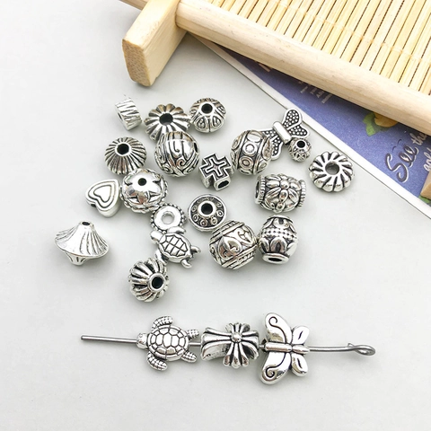 Antique Silver Alloy Spacer Beads Vintage Style Heart Butterfly Turtle Cross Pattern DIY Jewelry Making Accessories Findings