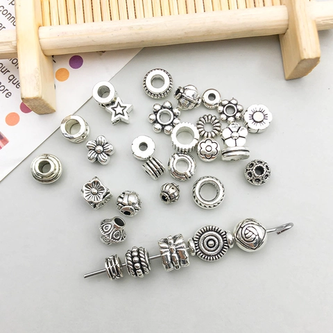 Antique Silver Zinc Alloy Vintage Spacer Beads Mixed Styles Flower Star Round Hollow Out Jewelry Making Findings For DIY Crafts