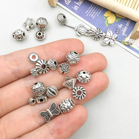 Antique Silver Alloy Spacer Beads Vintage Style Heart Butterfly Turtle Cross Pattern DIY Jewelry Making Accessories Findings