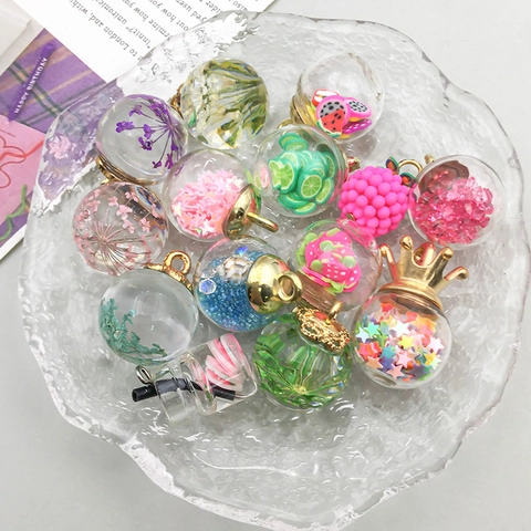 Glass Ball Pendants Charms With Dried Flowers Star Sequins Fruit Slices Alloy Cap For DIY Jewelry Making Accessories