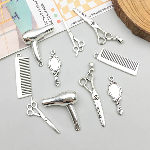Ensemble de Charms Outils de Coiffeur en Alliage Vintage pour la Fabrication de Bijoux DIY Ciseaux Peigne Sèche-cheveux Miroir