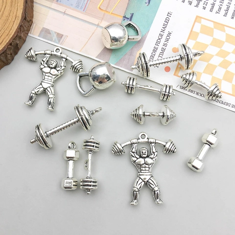 Antique Silver Zinc Alloy Fitness Charms Retro Weightlifting Dumbbell Kettlebell Pendants For DIY Jewelry Making Crafts