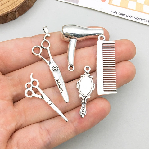 Ensemble de Charms Outils de Coiffeur en Alliage Vintage pour la Fabrication de Bijoux DIY Ciseaux Peigne Sèche-cheveux Miroir