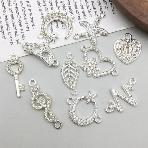 Silver Alloy Rhinestone Moon Star Heart Music Note Crown Leaf Key Connectors Charms For DIY Jewelry Making Pendants