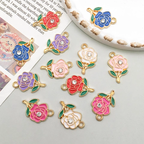 Legierung Emaille Rosenblüte Anhänger Mit Strass Bunte Florale Charms Für DIY Schmuckherstellung Halsketten Armbänder Ohrringe Zubehör