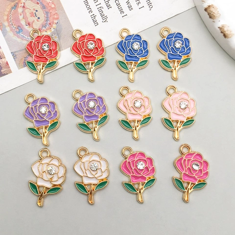 Legierung Emaille Rosenblüte Anhänger Mit Strass Bunte Florale Charms Für DIY Schmuckherstellung Halsketten Armbänder Ohrringe Zubehör