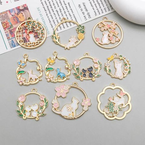 Cute Alloy Enamel Cat Pendants For DIY Jewelry Making Sakura Floral Butterfly Hollow Out Animal Charms For Necklace Bracelet Accessories