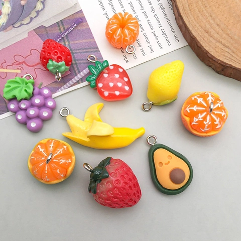 Cute Resin Fruit Pendants For DIY Jewelry Making Strawberry Grape Banana Lemon Avocado Orange Cartoon Charms Accessories