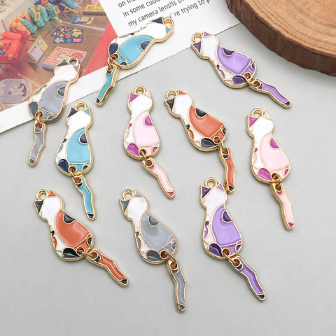 Pendentif Chat en Alliage Émail pour Création de Bijoux DIY Mignon Chatons Charms à Queue Mobile pour Collier Bracelet Artisanat